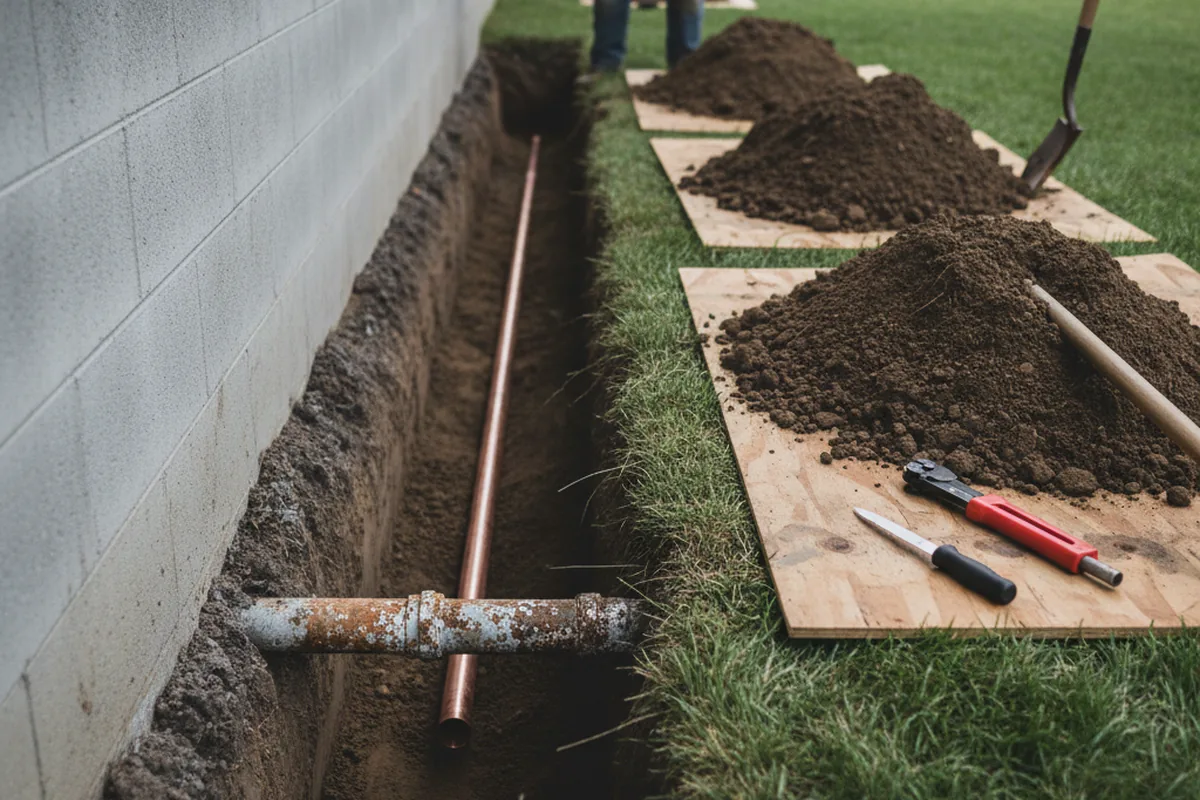 Excavated water line trench during Water Softener Installation in Bonfield